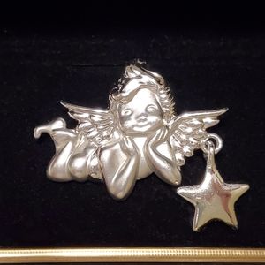 ❗️3/30$ Cute Vintage Brooch SIGNED A.J.C. Angel With Star ~ Brooch Silver Tone